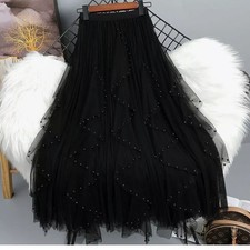 Gonna Lunga Tulle Nero Perline