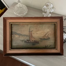 quadro antico 900 dipinto a olio su tela firmato marina mare con cornice vecchio