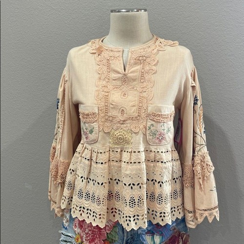 Upcycled tan boho peplum top