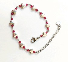 Bracciale in acciaio con ematite argentata a cuore e zirconia cubica rubino 2 mm