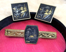 GEMELLI E FERMA CRAVATTA GIAPPONESI FIRMATI AMITA ORIGINALI ANNI 60 IN NIELLO