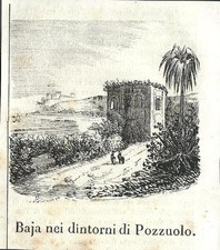 Stampa antica POZZUOLI veduta della baia Napoli 1841 Old antique print