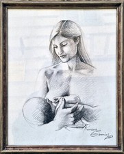 Quadro moderno, dipinto a mano, pastello, Maternità