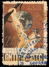 España .Guerra Civil. 1938. SIA. Solidaridad Antifascista. 25 Cts. + marca Admi.