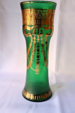 Antico vaso Josef Riedel Secessione cammeo vetro verde smaltato dorato 1900-1910