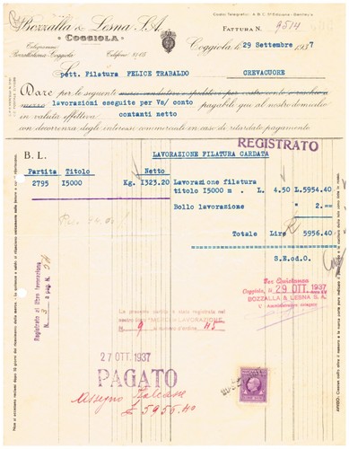 Fattura coggiola 1937 filatura - fattura,