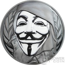 GUY FAWKES MASK Anonimo V per Vendetta 1 oz moneta argento 5$ Isole Cook 2016