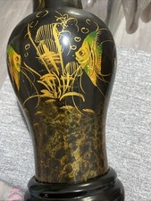 Grande vaso cinese laccato nero scene di pesca koi carpa dipinto a mano alto 15”