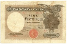 25 LIRE BANCA D'ITALIA AQUILA CON BANDIERA SABAUDA 22/01/1919 MB/BB