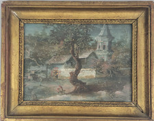 SCUOLA DEL XIX SECOLO Antico DIPINTO QUADRO TEMPERA SU CARTA Paesaggio e Chiesa