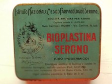 SCATOLA DI LATTA LITOGRAFATA BIOPLASTINA SERONO FIALE ANNI 10/20 del 900