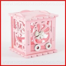 SCATOLA PORTA CONFETTI ROSA IN LEGNO CON CARROZZINA BOMBONIERE NASCITA BAMBINA