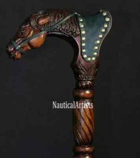 Bastone da passeggio in legno con manico testa di cavallo intagliato a mano b...