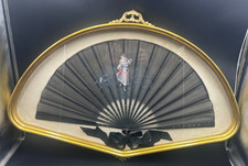 Quadro ventaglio ventaglierà pattinaggio tulle nero stecche d'orate vintage