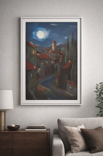 Quadro dipinto paese notte - dipinto,