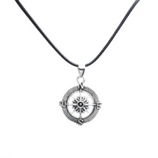 Collana nera con Rosa dei Venti bussola Argento ciondolo girocollo da Uomo Donna