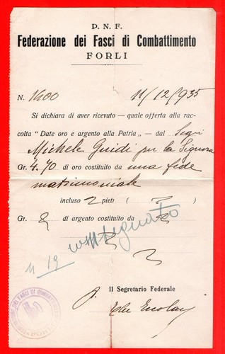 Ricevuta oro alla patria pnf - ricevuta,