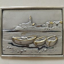 Quadro bassorilievo in argento 925 R 3/5 g Lastra Barche Mare Marina Iridescente