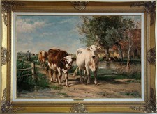 Fatto a mano Old Master-Art antico olio pittura mucche animali su tela 24 "x 36"