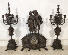 ANTICO TRITTICO ANTIMONIO BRONZATO MARMO Orologio Parigina 2 CANDELABRO 1800