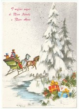 1982 cartolina Buon Natale vintage neve slitta cavalli abeti pacchi regalo