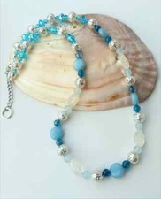 COLLANA ACQUAMARINA NATURALE, TOPAZIO AZZURRO, AGATA BLU E FILIGRANA D'ARGENTO