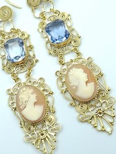 Orecchini TOPAZIO cammeo conchiglia stile Vittoriano Argento 925 Oro 18 Kt Cameo