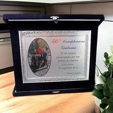 TARGA RICORDO STAMPA PERSONALIZZATA  A COLORI IN ALLUMINIO ASTUCCIO VELLUTO  BLU