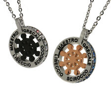 collana acciaio ciondolo nero oro timone ancora rosa dei venti ruota zirconi blu