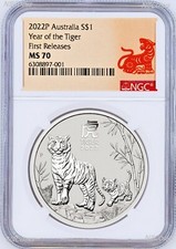 Moneta da 1 dollaro 2022 Australia .9999 lingotto argento anno lunare della tigre NGC MS70 1 oz