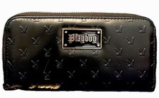 Portafoglio donna Playboy Bunny nero zip intorno oro PB portachiavi in rilievo nuovo senza etichette