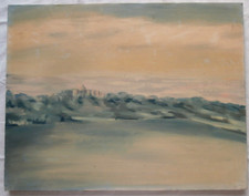 Dipinto Paesaggio marino con paese Quadro Olio su tela 50x40 cm