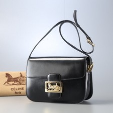 CELINE Borsa a tracolla vintage con patta per carrozza cavalli in pelle nera Made in Italy