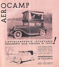 PUBBLICITA' 1936 AERO CAMP AUTO CAMPEGGIO ISTANTANEO CAMPER COLONIA TENDA AUTO 
