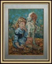 grazioso quadro punto croce anni 70/80 bimba con cane 64x54cm. cornice dorata