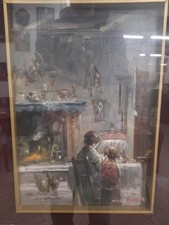 Dipinto Olio Di Mario Fattori , Olio Mario Fattori Interno Rustico