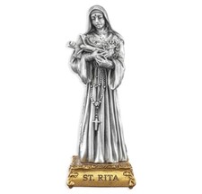 Statua Santa Rita di Cascia 4,5" in peltro su base dorata, made in USA, con scatola