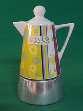 CAFFETTIERA VINTAGE ALLUMINIO E PORCELLANA BIANCA DECORATA 1 - 2 TAZZE. CD68