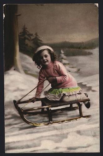 Cartolina bambina slitta - bambina, su
