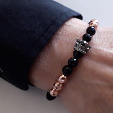 Bracciale con Corona perle Nero Oro Rosa braccialetto in Acciaio inox Uomo Donna
