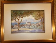 Orig. Acquerello Città Italia H. de Guérin A.de Guerin super foglia oro cornice