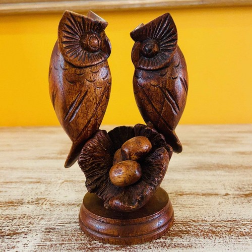 Famiglia gufi scultura legno