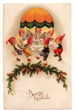 Cartolina antica illustrata con BAMBINI/GNOMI/7 NANI, BUON NATALE, GHIRLANDA