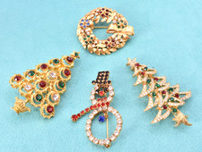 Spilla natalizia vintage 4 strass spilla FIRMATA EDWIN PEARL albero pupazzo di neve LOTTO