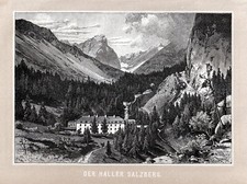 Haller Salzberg, Tirolo incisione su legno originale con piastra in argilla 1885 circa