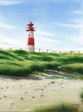 Dipinto ad acquerello cm. 18x24 - Faro sulla costa - Paesaggio campestre