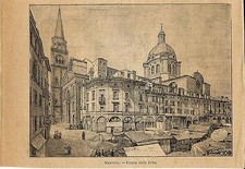 Stampa antica MANTOVA veduta di Piazza delle Erbe con mercato 1898 Antique Print