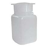 Bottiglia in plastica (PE), rettangolare a collo largo, capacità 50 ml, chiusura con tappo a vite e sottotappo (inclusi)