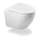 WC Senza Bordi Con Coperchio, Sospeso in Ceramica, Moderno Set a Forma di D (Bianco)
