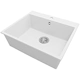 PRIMAGRAN Lavello da Cucina Bianco 58x50cm, Lavandino in Granito a 1 vasca + Sifone Classico, Lavabo Incasso al mobile 60cm - Riga S173